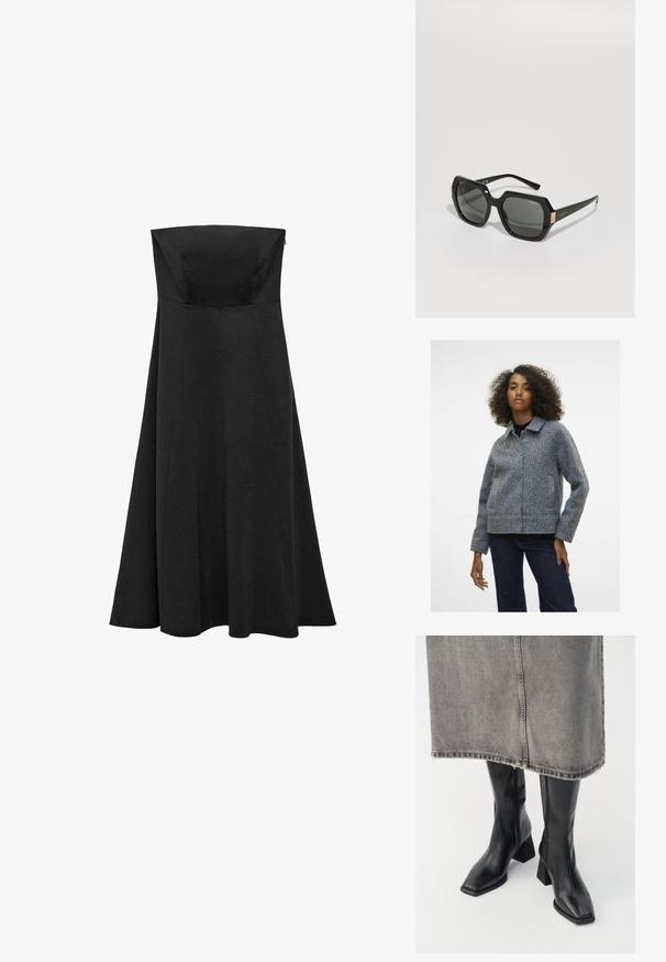 Siva jakna od vune sa ovratnikom, dugim rukavima i bočnim džepovima. Tkanina ima teksturirani završetak i skraćena je u struku.; Crna haljina bez naramenica s prilagođenim korzetom i raširenom, dugom suknjom. Napravljena od glatkog materijala bez vidljivih uzoraka ili naglasaka.; Crne čizme do koljena od glatke kože s pravim vrhom i blok-petom. Uparene s sivi traper suknjom s rastrganim rubom.; Crne naočale sa geometrijskim oblikom, tamnim staklima, debelim okvirom i zlatnim naglaskom na sljepoočnicama s brandom "Vogue."; Crna kožna torba za nošenje s pletenim uzorkom, opuštenog oblika i širokim remenom za ramena. Ima teksturirani, isprepleteni dizajn s glatkom završnom obradom.