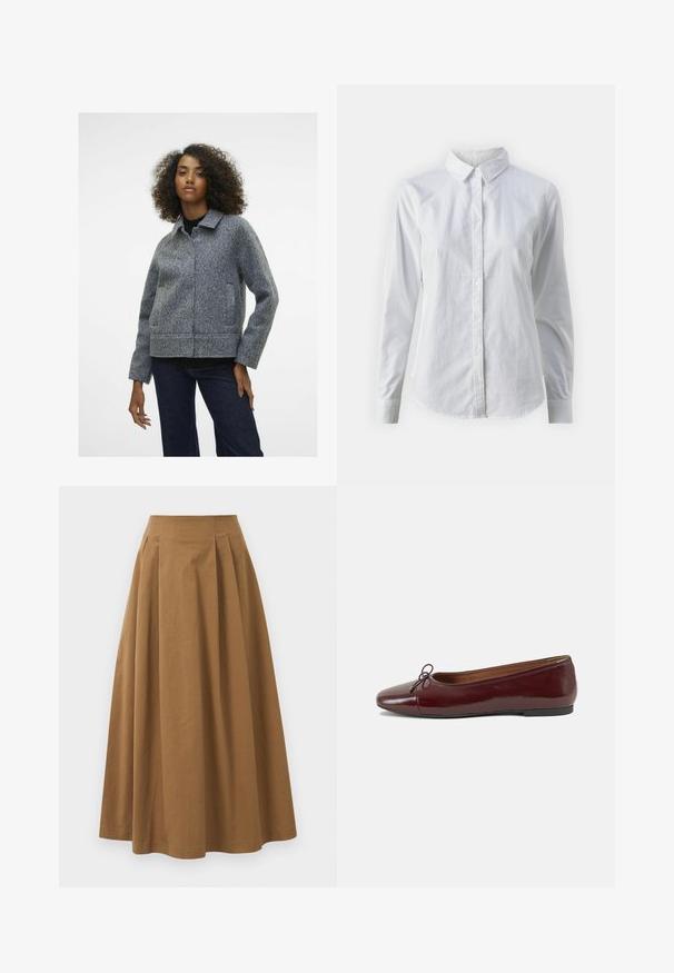 Szary żakiet z mieszanki wełny, z kołnierzem, długimi rękawami i kieszeniami po bokach. Materiał ma teksturowane wykończenie i jest skrócony w talii.; Biała koszula zapinana na guziki, wykonana z gładkiej bawełny, z klasycznym kołnierzykiem, długimi rękawami i zaokrąglonym dołem. Guziki są małe i białe.; Brąskowa bawełniana spódnica w kształcie litery A z wysokim stanem, z plisami z przodu i gładką fakturą. Wykończenia dołu są czyste i proste.; Bordowe baleriny z lakierowanej skóry z zaokrąglonym noskiem, małą kokardką z przodu oraz niską, czarną gumową podeszwą. Gładka tekstura.
