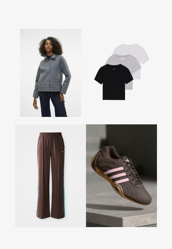 Siva jakna iz volnenega mešanega materiala s ovratnikom, dolgimi rokavi in stranskimi žepi. Tkanina ima strukturirano površino in je skrajšana v pasu.; Komplet treh majic s kratkimi rokavi v črni, sivi in beli barvi. Izdelane iz bombaža, z okroglim izrezom in preprostim, enobarvnim dizajnom.; Rjave športne hlače z ribasto teksturo, elastičnim pasom in turkiznimi stranskimi črtami. Na sprednji strani je logotip adidas.; Rjave semiš tene za šport z rožnatimi črtami in logotipom, ki imajo teksturirano zgornji del, vezalke in podplat iz gume.