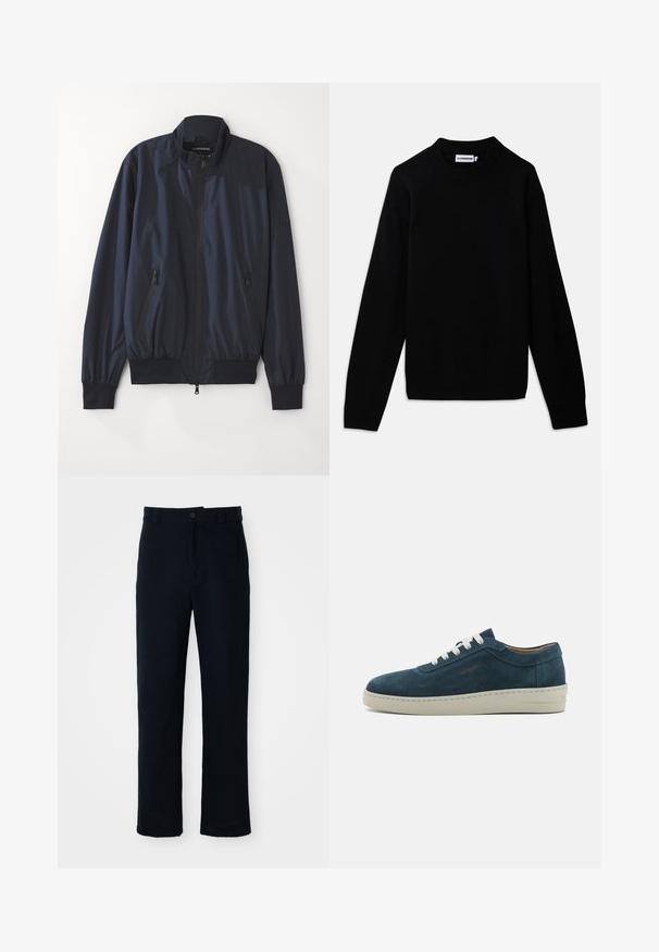 Marine bomberjack met een ritssluiting aan de voorkant, geribbeld kraag en manchetten. Voorzien van twee zijzakken met rits en een gladde, lichte stof.; Zwarte trui met een geribde ronde halslijn, lange mouwen en een structuurbreipatroon. Geen zichtbare logo's of versieringen.; Marineblauwe broeken van katoen, met een recht model, een sluiting met een knoop aan de voorkant en een klassieke tailleband met riemlussen.; Blauwe leren sneakertjes met een ronde neus, witte veters en een rubberen zool. Beschikt over subtiele stiksels en een merkaccent aan de zijkant.