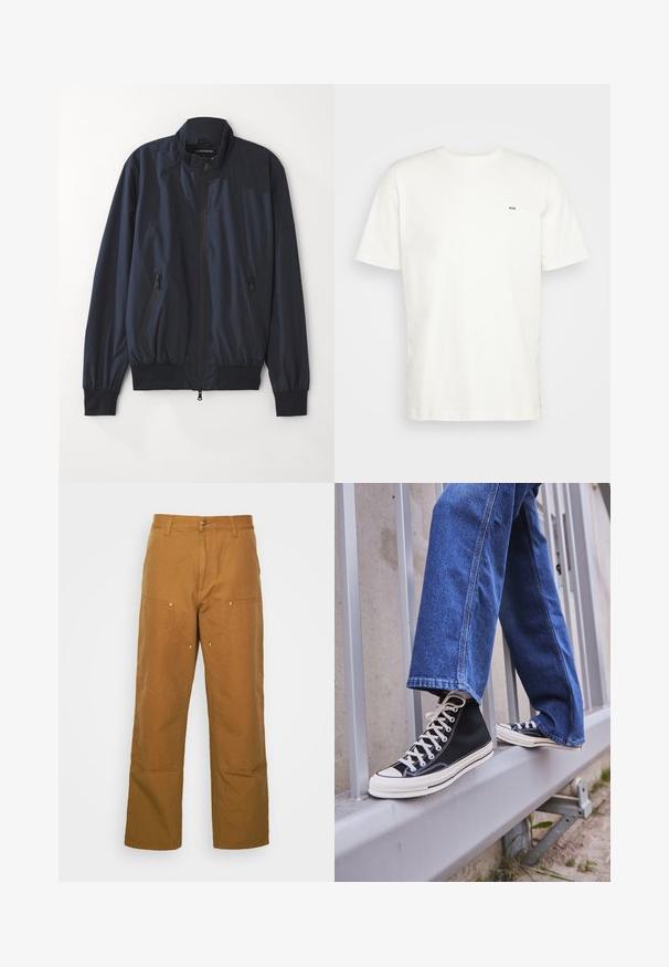 Giacca bomber navy con chiusura a zip, colletto e polsini a coste. Dotata di due tasche laterali con zip e un tessuto liscio e leggero.; T-shirt bianca in cotone con scollatura rotonda, maniche corte e un piccolo logo nero "W.W." sul lato sinistro del petto. Tessuto liscio, vestibilità regolare.; Pantaloni utility in cotone marrone con design a gamba dritta, dotati di tasche anteriori e dettagli in metallo per una maggiore durata.; Scarpe da ginnastica nere alte con suola e lacci bianchi, abbinate a jeans di denim blu larghi, appoggiate su un parapetto grigio.