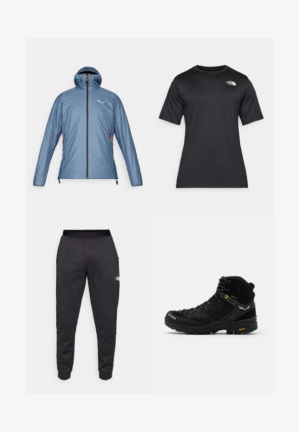 Salewa PUEZ CATINACCIO - Zimní bunda - java blue; Černé tričko s krátkým rukávem vyrobené z lehkého, vlhkost-odvádějícího materiálu. Obsahuje bílé logo na levé hrudi a kulatý výstřih.; Černé tepláky vyrobené z hladké látky, s tapered střihem, elastickým pasem a logem na pravé noze.; Černá turistická bota s texturovaným svrškem, zesílenou špičkou a podrážkou Vibram. Systém šněrování obsahuje háčky pro bezpečné uchycení.