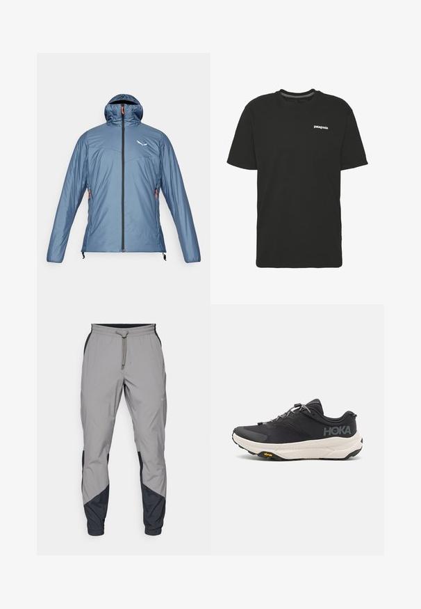 Salewa PUEZ CATINACCIO - Vinterjakke - java blue; Svart bomull t-skjorte med korte ermer, rund hals og en liten hvit "Patagonia"-logo på brystet. Enkelt, udekoreret design.; Lettvektige, grå treningsbukser med svarte detaljer. Elastisk midjebånd, snøring, tapered benedesign og sidelommer.; Svart treningssko med teksturert overdel, grå detaljer, reflekterende elementer og en tykk hvit såle med Vibram-merke.