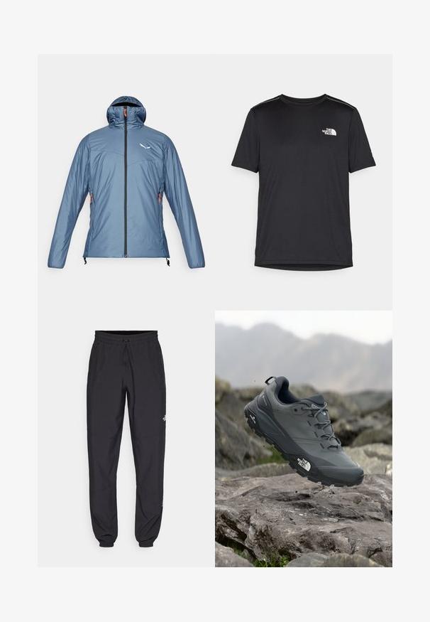 Salewa PUEZ CATINACCIO - Casaco de inverno - java blue; T-shirt preto de manga curta feito de um tecido leve. Apresenta um pequeno logo branco ao lado esquerdo do peito e detalhes subtis nos ombros.; Calças atléticas pretas feitas de tecido leve, com um cós ajustável por cordão, bolsos laterais e punhos afunilados nos tornozelos.; Sapatilha de corrida em trilhos cinza com um cabedal texturizado, sola de borracha durável e ponteira reforçada. Apresenta atacadores e o logótipo da marca de lado.