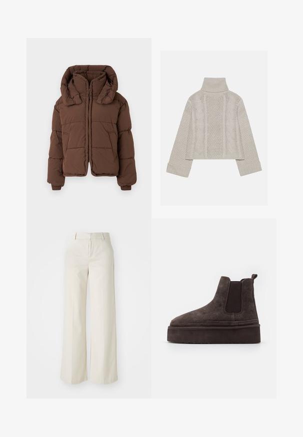 Chaqueta de invierno acolchada de color marrón con cuello alto y dos bolsillos laterales, mostrada extendida sobre un fondo claro.; Suéter de punto gris claro, corto, con un alto cuello y puños acanalados, que presenta patrones de cable texturizados en la parte posterior y los lados.; Pantalones de pierna ancha en un tono beige claro, confeccionados con una tela suave. Cuentan con una cinturilla clásica y un frente plano con líneas limpias.; Botas Chelsea de ante marrón con paneles laterales elásticos y una suela de plataforma gruesa y texturizada. Presentan una tira en el talón para facilitar su uso.