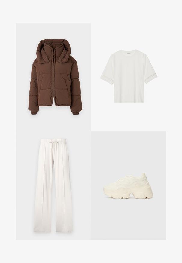 Brown padded winter jacket with a high collar and two side pockets, displayed flat on a light background.; White short-sleeve t-shirt made from cotton, featuring decorative lace trim along the sleeves and a round neckline.; Light beige sweatpants made of soft fabric, featuring a drawstring waist, wide legs, and vertical seams, with a smooth texture.; Chunky white sneakers made of textured mesh and synthetic materials, featuring a thick sole and intricate pattern details along the sides.