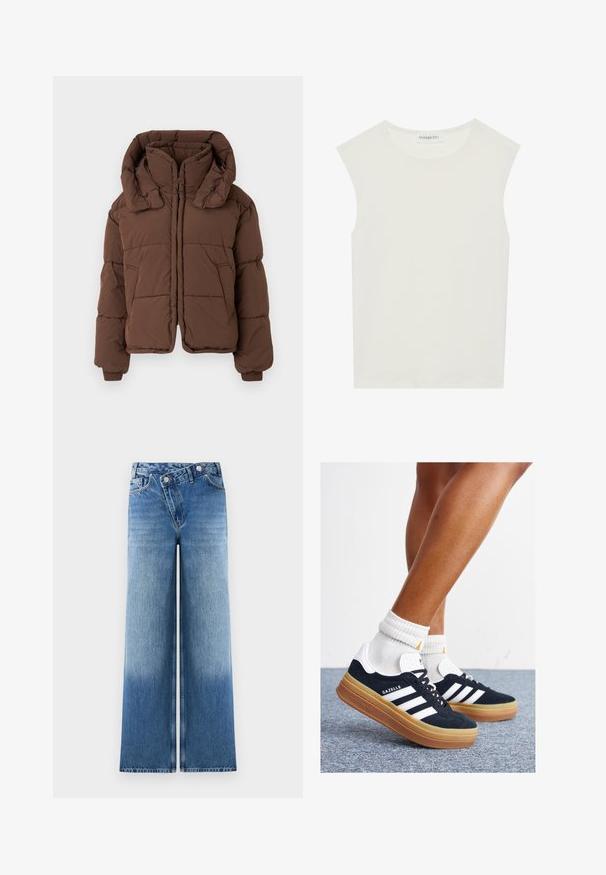 Barna bélelt télikabát, magas gallérral és két oldalzsebbel, világos háttéren laposan elhelyezve.; Fehér ujjatlan felső, kerek nyakkivágással. Simább anyagból készült, laza fazonnal és minimalista kialakítással rendelkezik. Nincsenek minták vagy díszítések.; Világoskék, bő szárú farmernadrág, elhalványodott mosással, klasszikus öt zsebes kivitelben, fémből készült gombokkal a deréknál.; Fekete velúr sportcipő fehér csíkokkal és díszítésekkel, lekerekített orral, gumitalpú külső résszel, fehér bordázott bokazoknival párosítva.