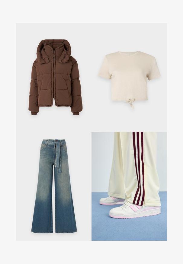 Brun vadderad vinterjacka med hög krage och två sidofickor, visas uppslagen på en ljus bakgrund.; Avkortad beiget t-shirt gjord av glänsande tyg med korta ärmar och en knutdetalj i nederkant. Slät textur och rund halsringning.; Breda denimbyxor med en ljus till mörkblå gradient, hög midja, bälteshällor och ett matchande tygbälte. Texturerad denimfinish.; Vita sportskor med ljusrosa accenter och grå detaljer, ihop med krämfärgade byxor med vinröda sidostråk och dragkedjor.