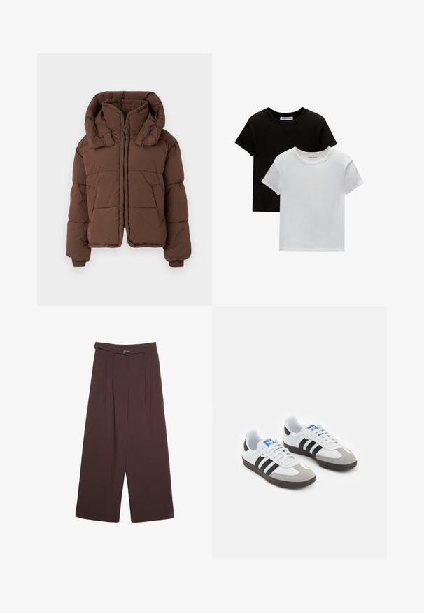 Hnedá prešívaná zimná bunda s vysokým golierom a dvoma bočnými vreckami, položená na svetlom pozadí.; Dvoje tričiek s okrúhlym výstrihom, jedna čierna a jedna biela, vyrobené z bavlny. Majú krátke rukávy a jednoduchý dizajn bez vzorov alebo akcentov.; Stradivarius WIDE-LEG WITH BUCKLE DETAIL - Nohavice - dark brown; Športové topánky s bielym koženým zvrškom, šedou semišovou špičkou a tromi čiernymi pruhmi. Obsahujú modré logo na jazyku a štruktúrovanú gumovú podrážku.