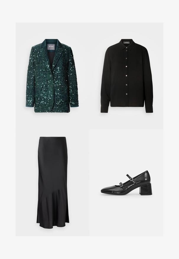 Blazer verde con lentejuelas, con un suave solapa de satén, dos botones y bolsillos laterales. La superficie texturada refleja la luz, creando un efecto brillante.; Camisa negra de manga larga con cuello abotonado y cierre frontal de botones. Presenta una tela texturizada con rayas verticales.; Falda midi de satén negro con un diseño elegante, que presenta un ligero vuelo en el dobladillo y una abertura lateral para facilitar el movimiento. Textura suave.; Zapatos Mary Jane de charol negro con punta afilada, dos correas ajustables y tacón cuadrado grueso. Textura suave y acabado brillante.