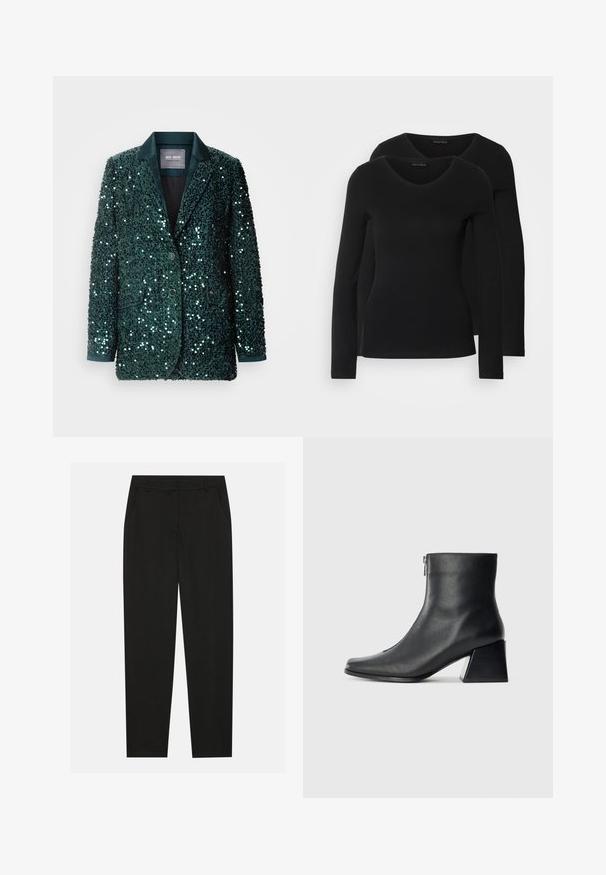 Grön paljettblazer med en slät satinklapp, två knappar och sidofickor. Den texturerade ytan reflekterar ljus och skapar en skimrande effekt.; Två svarta långärmade tröjor med V-ringning, tillverkade av mjukt, stretchy tyg, som visar en slät textur och en figursydd form.; Svarta byxor med skräddarsydd design, med sidofickor och raka ben. Tillverkade av ett mjukt, lätt tyg med en stilren finish.; Svart läderankelboot med fyrkantig tå, sidodragkedja och klack mot en enkel ljus bakgrund.