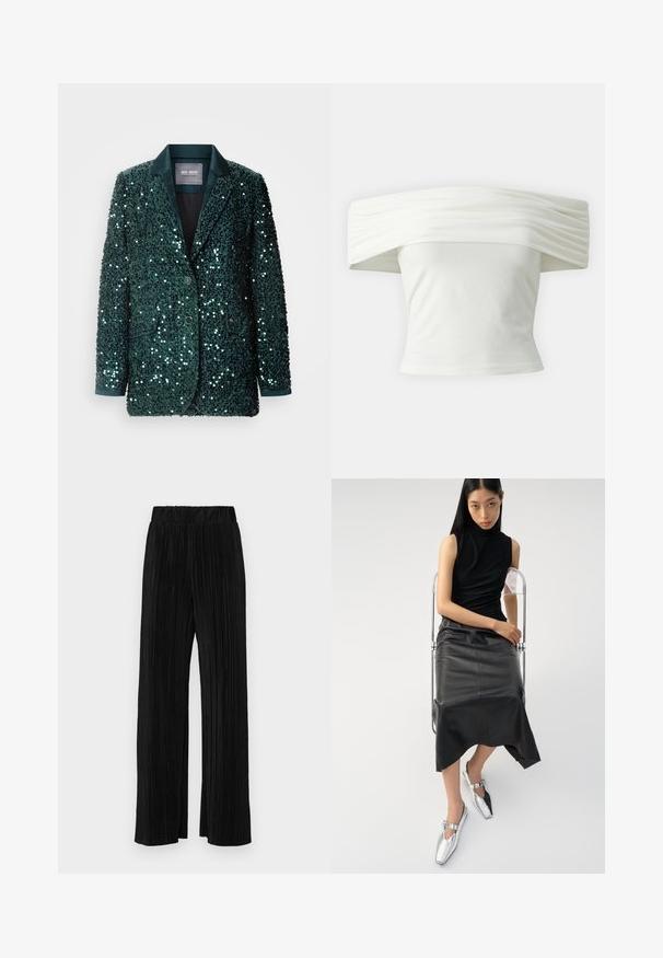 Vihreä paljeteilla koristeltu bleiseri, jossa on sileä satiinikaulus, kaksi nappia ja sivutaskut. Rakenteellinen pinta heijastaa valoa, luoden säihkettä.; Valkoinen olkaimeton toppi, jossa on laskostettu, rakenteellinen kaula-aukko ja tiukka vartalo. Valmistettu pehmeästä kankaasta, jossa on sileä pinta.; Mustat pleatatut housut, joissa on joustava vyötärö. Ominaisuuksiin kuuluvat leveät lahkeet ja sileä, teksturoitu kangas, jossa on pystysuoria raitoja.; Musta hihaton paita, kapea musta nahkahame aaltoilevalla helmapituudella ja kiiltävät hopeiset kengät, joissa on leikattu muotoilu ja soljet.