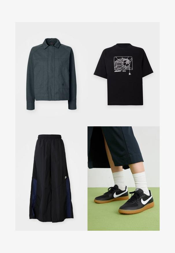 Sötétszürke dzseki, galléros nyakkal, elülső cipzárral, két nagy zsebbel és egy kis fekete logóval a bal oldalon. Pamut keverék anyag.; Fekete pamut póló rövid ujjakkal. Elülső részén fehér pókhálós grafika és logó található. Egyszerű, kerek nyakú.; Fekete, bő szárú nadrág könnyű anyagból, tengerészkék oldalsó panellel és elasztikus derékkal. Kicsi fehér logó az alján.; Fekete bőr és szintetikus sneakers, fehér Nike logo-val, gumi talppal, kerek orral és fekete fűzővel. Csíkos fehér zokni látható.