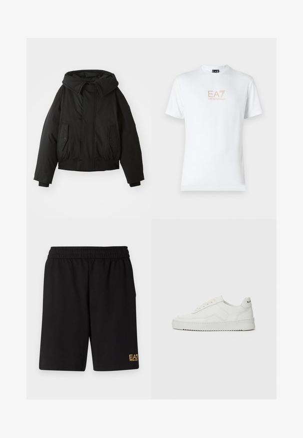 Black padded jacket with a high collar, zip closure, double side pockets, elastic cuffs, and a cropped hem. Smooth, matte texture.; White cotton t-shirt featuring a round neckline and short sleeves, with a gold EA7 Emporio Armani logo printed on the front.; Black athletic shorts made of soft fabric,Featuring an elastic waistband and a small yellow EA7 logo on the lower left leg.; White leather sneaker with a smooth finish, round toe, flat laces, and a textured sole. Features a subtle logo on the heel.