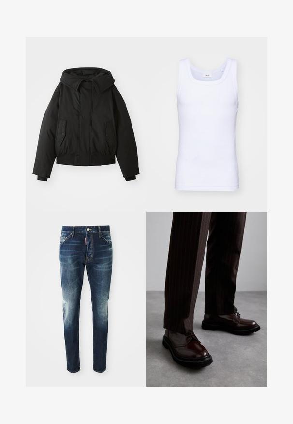 Zwarte gewatteerde jas met een hoge kraag, ritssluiting, dubbele zijzakken, elastische manchetten en een cropped zoom. Gladde, matte textuur.; Witte katoenen mouwloze tanktop met een ronde halslijn, met een gladde textuur en een aansluitende pasvorm, ontworpen voor casual gebruik.; Donkerblauwe spijkerbroek met een slim fit, met vervaagde gebieden op de bovenbenen en knieën, vijf zakken en een metalen knoopsluiting.; Bruine leren veterschoenen met een glanzende afwerking, zwarte rubberen zool en subtiele stiksels. Draag ze met bruin gestreepte broek.