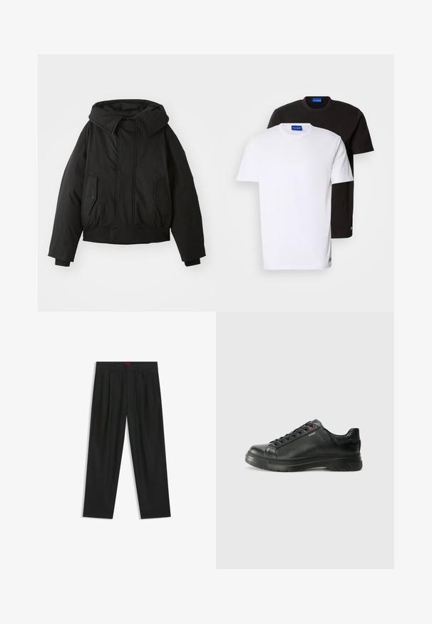 Schwarze gepolsterte Jacke mit hohem Kragen, Reißverschluss, doppelten Seitentaschen, elastischen Bündchen und cropped Saum. Glatte, matte Textur.; Zwei übereinander gestapelte T-Shirts: eines weiß und eines schwarz. Kurze Ärmel, runde Ausschnitte, aus Baumwollstoff. Mit einem kleinen blauen Logo am Ausschnitt.; Schwarze Hose mit einem gefältelten Design, weiter Beinform und glatter Textur. Verfügt über ein rotes Taillenlabel.; Schwarze Leder-Sneaker mit strukturiertem Obermaterial, gepolstertem Kragen und rotem Logo-Detail. Verfügt über eine dicke Gummisohle mit markantem Profil.