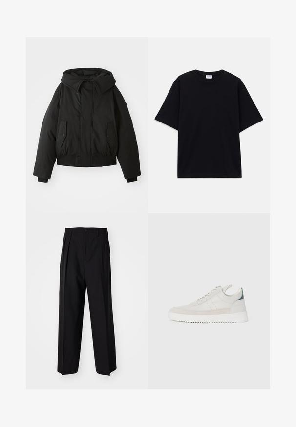 Black padded jacket with a high collar, zip closure, double side pockets, elastic cuffs, and a cropped hem. Smooth, matte texture.; Black short-sleeve oversized T-shirt with round neckline and visible Filippa K brand label inside the collar.; Black pleated trousers with a straight, wide-leg design. Made from smooth fabric, featuring a button closure and belt loops.; White leather sneakers with gray suede accents, lace-up design, pull tab, and textured rubber sole featuring a zigzag pattern.