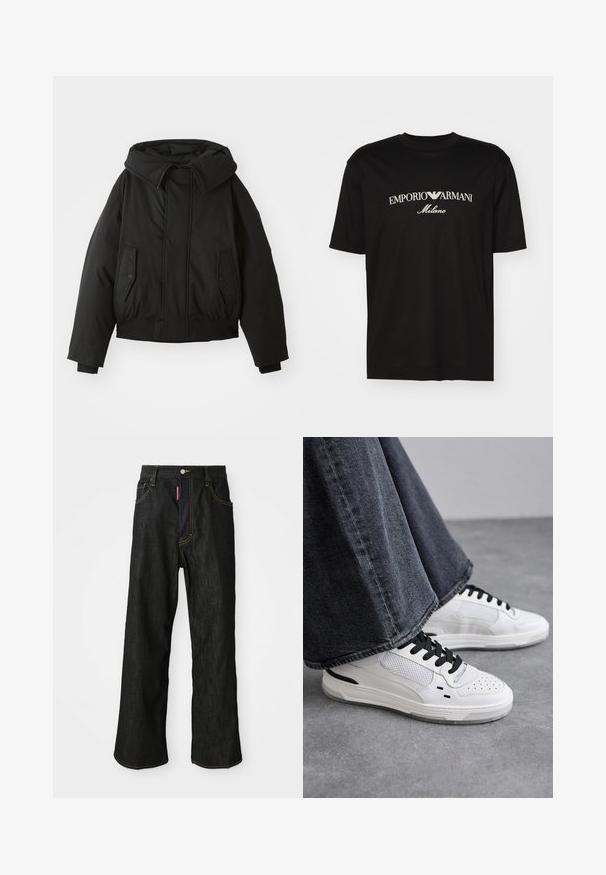 Chaqueta acolchada negra con cuello alto, cierre de cremallera, bolsillos laterales dobles, puños elásticos y dobladillo corto. Textura suave y mate.; Camiseta de algodón negra con cuello redondo, mangas cortas y el logo de "EMPORIO ARMANI" en blanco sobre "Milano" en un diseño curvado.; Jeans negros de pierna recta con costuras amarillas, diseño de cinco bolsillos, cierre de botón y una pequeña etiqueta roja en el bolsillo derecho delantero.; Zapatillas blancas con cordones negros y detalles de malla. Presenta un upper de cuero liso y una suela de goma texturizada. Combinadas con unos vaqueros de pierna ancha en gris.