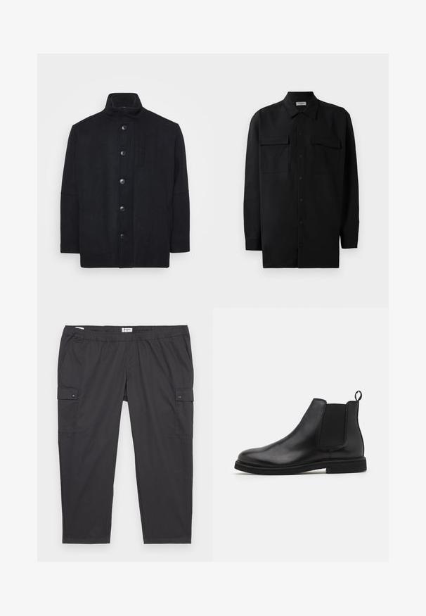Schwarzer Mantel aus Wollmix, mit hohem Kragen, vorderem Knopfverschluss, Seitentaschen und geradem Schnitt mit glatter Textur.; Schwarzes Hemd mit Knopfleiste aus glattem Stoff, das einen klassischen Kragen, zwei Brusttaschen und lange Ärmel mit Knopfmanschetten aufweist.; Schwarze Cargo-Hosen mit einem elastischen Bund, seitlichen Taschen und Druckknopfdetails. Hergestellt aus leichtem, glattem Stoff.; Schwarze Leder Chelsea-Stiefel mit elastischen Seitenpanelen und einem Zugtab. Gerundete Zehenpartie und flache Gummisohle, die eine glatte Oberfläche zeigt.