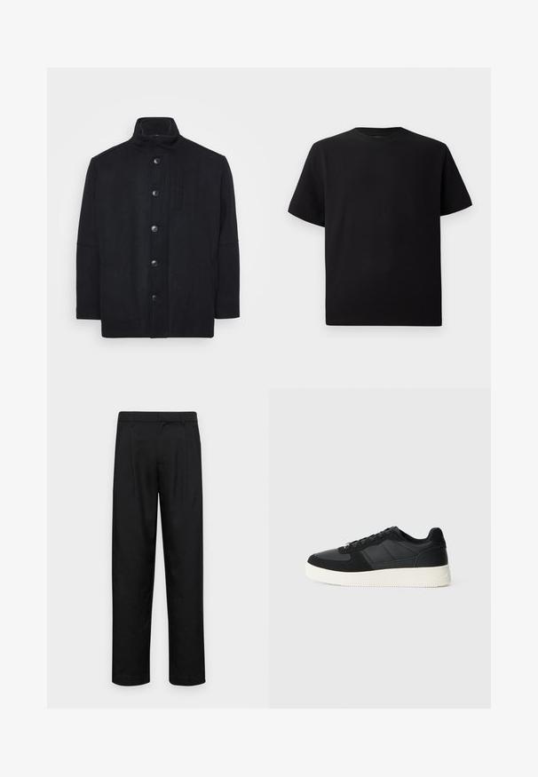 Casaco preto feito de uma mistura de lã, com um colarinho alto, fecho frontal por botões, bolsos laterais e um corte reto com uma textura suave.; T-shirt preta de mangas curtas feita de tecido texturizado, com decote redondo e um corte descontraído. Simples, sem padrões ou detalhes.; Calças pretas feitas de tecido suave, com um design de perna reta, dois pregas frontais e uma cintura padrão com passantes para cinto.; Fivela preta de cano baixo com pele texturizada e painéis de camurça, sola de borracha branca e atacadores pretos, em fundo claro liso.