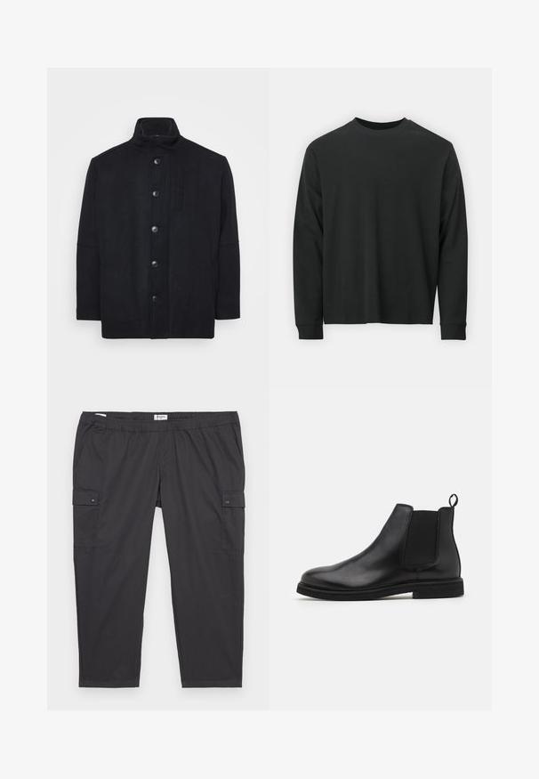 Black coat made of wool blend, featuring a high collar, front button closure, side pockets, and a straight cut with a smooth texture.; Long-sleeve black T-shirt made of cotton, featuring a round neckline, loose fit, and ribbed cuffs. Smooth texture with no visible patterns.; Black cargo pants with an elastic waistband, side pockets, and snap button accents. Made of lightweight, smooth fabric.; Black leather Chelsea boots with elastic side panels and a pull tab. Rounded toe and flat rubber sole, showcasing a smooth finish.