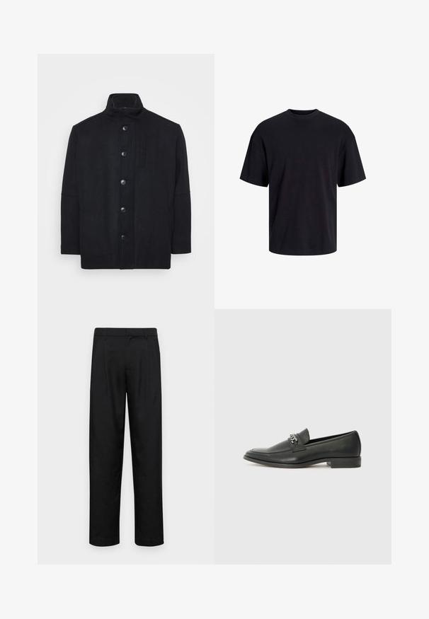 Manteau noir en mélange de laine, avec un col montant, fermeture à boutons sur le devant, poches latérales et une coupe droite avec une texture lisse.; T-shirt en coton noir avec un col ras du cou, des manches courtes et une coupe décontractée. Texture lisse sans motifs ni accents visibles.; Pantalons noirs en tissu lisse, avec une coupe droite, deux plis avant et une taille standard avec passants de ceinture.; Mocassin en cuir noir avec une finition lisse, présentant un design cousu et une accent décoratif en chaîne métallique sur le rand. Talon plat.