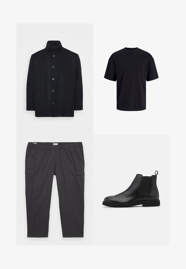 Manteau noir en mélange de laine, avec un col montant, fermeture à boutons sur le devant, poches latérales et une coupe droite avec une texture lisse.; T-shirt en coton noir avec un col ras du cou, des manches courtes et une coupe décontractée. Texture lisse sans motifs ni accents visibles.; Pantalons cargo noirs avec une taille élastique, des poches latérales et des accents de boutons-pression. Fabriqués en tissu léger et lisse.; Bottines Chelsea en cuir noir avec panneaux élastiques sur les côtés et une languette. Bout arrondi et semelle en caoutchouc plate, mettant en valeur une finition lisse.