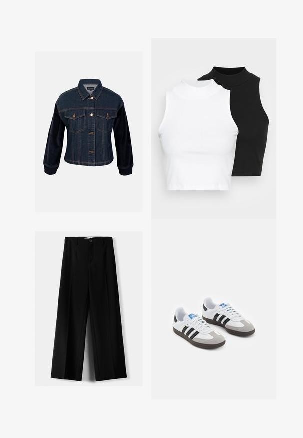 Traper jakna s kordura rukavima, tamnoplava, koja ima dvije džepove na prsima, zlatne gumbe i kontrastnu teksturu na rukavima.; Dvije bezrukavne rebraste majice s visokim ovratnikom u crnoj i bijeloj boji, s prilagođenim dizajnom i glatkom teksturom, te skraćenom dužinom.; Crne široke hlače izrađene od lagane tkanine, s prednjim zatvaranjem na dugme i ravnim prednjim dijelom, sa uredno šivenim rubovima.; Sportske cipele s gornjištem od bijele kože, sivi suedinasti nos i tri crne pruge. Imaju plavi logo na jeziku i teksturiranu gumenu podlogu.