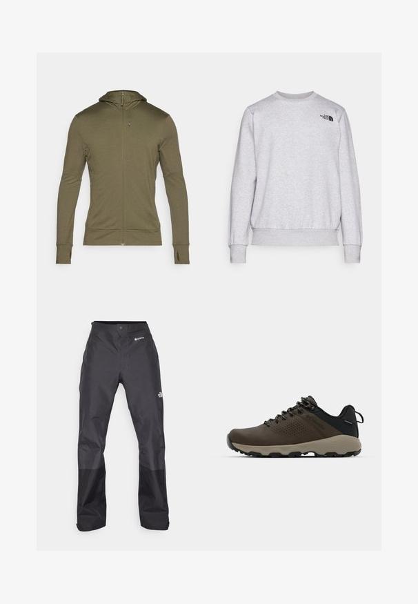 Dugi rukavi, maslinasto zeleni dukserica s patentnim zatvaračem, izrađena od mekog materijala; ima prilagođenu kapuljaču i otvore za palčeve na manžetama rukava.; Sivi dukserica od mekog materijala, s dugim rukavima, okruglim izrezom, rebrastim manžetama i malim crnim logom na prsima.; Crne vodootporne hlače s glatkom teksturom, s GORE-TEX logotipom sprijeda i ojačanim donjim dijelovima nogavica za izdržljivost.; Smeđe vodootporne tenisice s teksturiranom gornjom i perforiranim detaljima, crnom potporom za petu i sivim gumiranim potplatom. Čipke su stilizirane s metalnim krajevima.