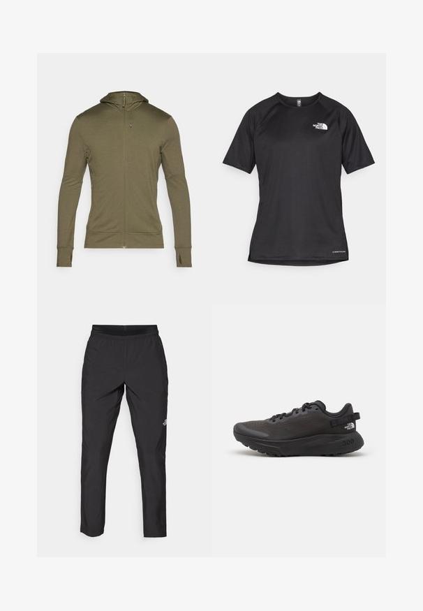 Hoodie de fecho éclair, de manga longa e cor verde-oliva, feito de um tecido suave; apresenta um capuz ajustado e buracos para os polegares nas extremidades das mangas.; Camisa atlética preta de manga curta com um tecido texturizado, apresentando um logotipo branco no peito esquerdo e uma bainha reta.; Calças de desporto pretas com um cós elástico, feitas de tecido leve, apresentando um pequeno logótipo na parte inferior da perna e um design de perna reta.; Sapatilha atlética preta com parte superior em malha, colarinho almofadado e sola de borracha. Apresenta um design texturizado e uma marcação no calcanhar. Construção leve.