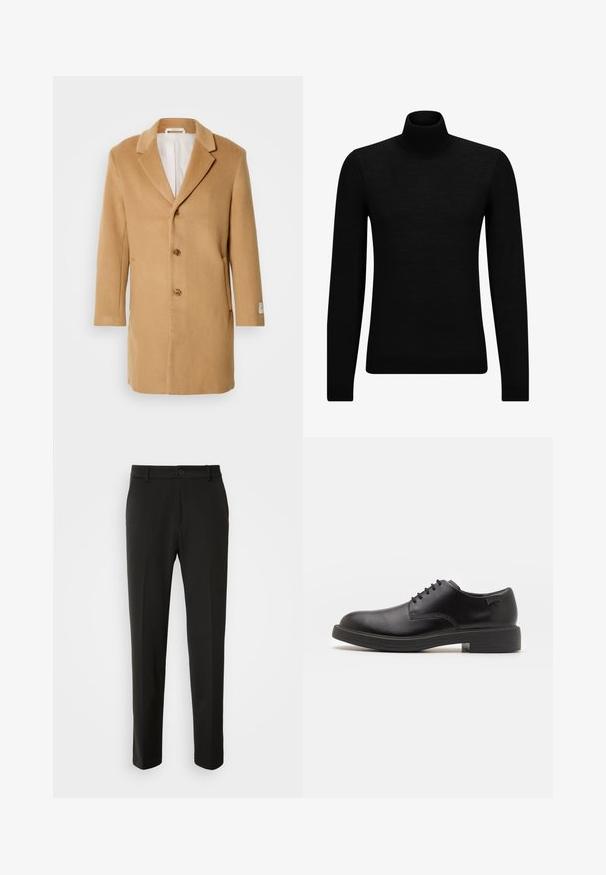 Cappotto di lana beige con rever a doppio taglio, chiusura a un solo bottone, tre bottoni e tasche laterali. Tessuto liscio e design di lunghezza media.; Maglione a collo alto nero realizzato in materiale morbido, con maniche lunghe e vestibilità aderente. Bordo a coste all'orlo e ai polsini. Design semplice.; Pantaloni neri realizzati in tessuto liscio, con gamba dritta, chiusura con bottone e un design classico adatto per abbigliamento formale o casual.; Scarpa nera in pelle con lacci, punta tonda, texture liscia, cuciture minime e tacco in gomma basso. Logo sul tacco.