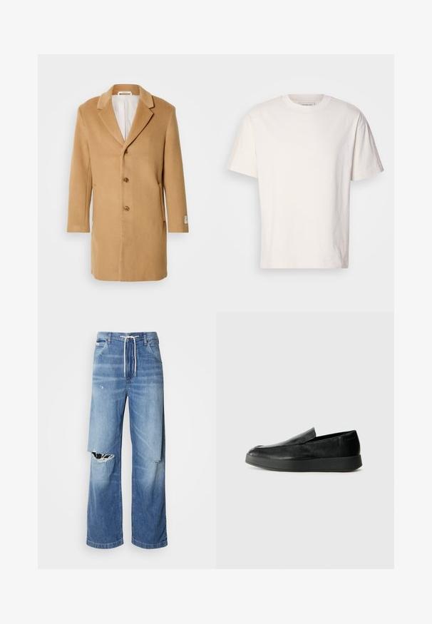 Tan wool coat with a notched lapel, single-breasted front, three buttons, and side pockets. Smooth texture and mid-length design.; Cream-colored cotton t-shirt with a crew neck. Short sleeves and a relaxed fit. Features a small logo on the neckline. Smooth texture.; Light blue denim jeans with a loose fit, featuring a white drawstring waist, and distinct rips on the front, showing frayed edges.; Calvin Klein HYBRID CUP - Slip-ons - triple black