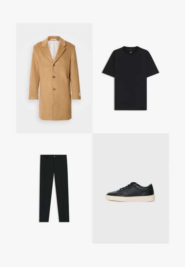 Tan wollen jas met een geknopt revers, enkele rij knopen aan de voorkant, drie knopen en zijzakken. Zachte textuur en middellange ontwerp.; Zwarte korte mouwen T-shirt van een gladde katoenmix, met een ronde halslijn en een minimalistisch ontwerp zonder patronen of accenten.; Zwarte dresspants met een recht pasvorm, gemaakt van een gladde stof. Heeft een sluiting met een knoop aan de voorkant en ceintuurlussen. Effen zonder patronen.; Zwarte leren sneaker met lage schacht, zwarte veters en off-white zool, weergegeven in zijprofiel op een witte achtergrond.