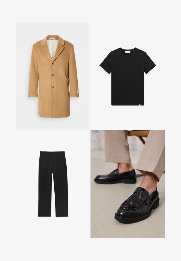 Palton din lână bej, cu revere tăiate, față butonată cu un singur rând de nasturi, trei nasturi și buzunare laterale. Textură netedă și design de lungime medie.; Tricou scurt cu mânecă, de culoare neagră, realizat din bumbac, cu guler tip crew și un mic logo brodat pe piept. Textură netedă, croială standard.; Pantaloni negri cu un design drept, fabricați dintr-un material neted. Au plisse în față și un sistem de închidere cu un singur buton la talie.; Loafers negre din piele cu o finisare netedă, având o curea decorativă și cusături contrastante, asortați cu pantaloni bej.