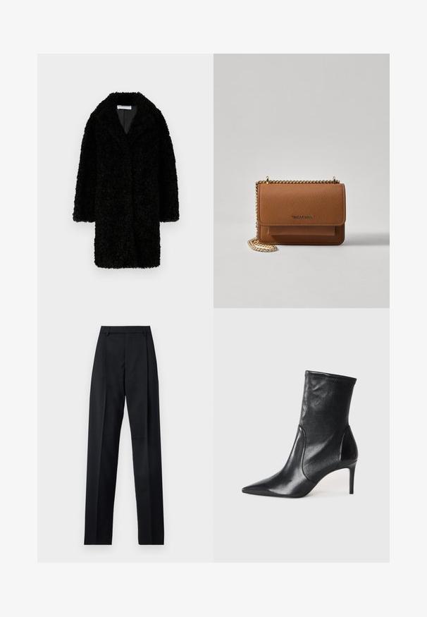 STAND STUDIO CAMILLE COAT - Ziemas mētelis - black; Melnā īsām piedurknēm t-krekls ar dziļu V veida kakla izgriezumu un pieciem dekoratīviem pogām gar izgriezumu. Gluds audums ar brīvu piegriezumu.; Melnas bikses, izgatavotas no gludas auduma, ar augstu vidukli, platiem bikšu galdniekiem, priekšējiem krokām un klasiskām jostu cilpām. Sānu kabatas nav redzamas.; Melnas potītes zābakus, kas izgatavoti no gludas ādas, ar norādītu purngaliņu, pieguļošu kāju un šauru augstu papēdi. Minimalistisks dizains bez redzamiem aksesuāriem.; Brūna teksturēta ādas plecu soma ar zelta ķēdes siksnu un atloka aizdari. Priekšpusē ir logotipa detaļa un kabata zem atloka.
