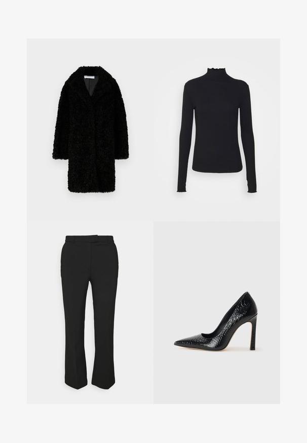 STAND STUDIO CAMILLE COAT - Zimski kaput - black; Crni dugi rukav turtleneck majica izrađena od glatkog materijala, s volanima oko vrata i uskim siluetom s jednostavnim rubovima.; Crne krojene hlače s ravnim krojem, s remenom na pojasu i bočnim džepovima. Izrađene su od glatkog materijala s urednim završetkom.; Crne visoke potpetice s oštrim prstima, od teksture krokodilske kože, elegantnog dizajna, visoke stiletto potpetice i glatkog crnog unutrašnjosti.