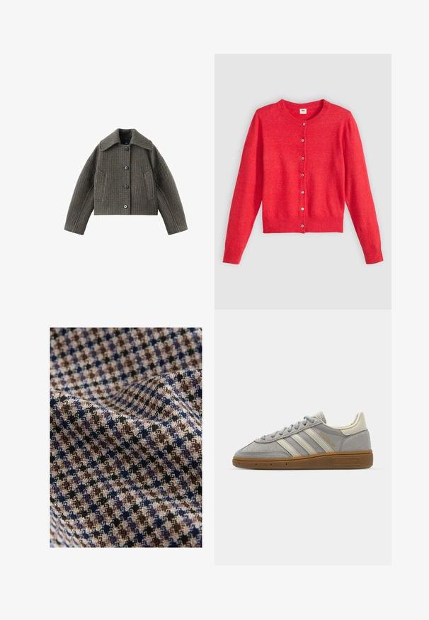 Skórzana kurtka w brązowo-czarny wzór w zębatkę, z klasycznym kołnierzykiem, zapinana na guziki z przodu oraz dwiema bocznymi kieszeniami.; Czerwony kardigan wykonany z miękkiego materiału z okrągłym dekoltem, długimi rękawami i zapinanymi na guziki. Posiada dopasowane guziki.; Tkanina w kratę o wzorze w kolorach beżowym, brązowym, granatowym i czarnym, z teksturowanym wykończeniem. Miękka i lekko układająca się.; Szare zamszowe trampki z jasnoszarymi skórzanymi paskami i gumową podeszwą. Wśród cech znajduje się zapięcie na sznurowadła oraz subtelna marka na języku.