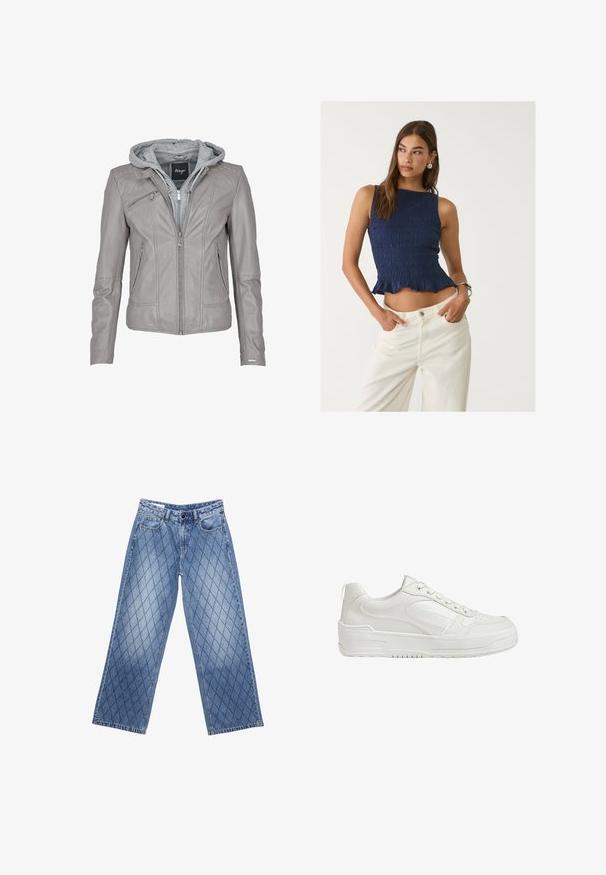 Harmaa nahkatakki, jossa on vetoketjullinen etuosa ja huppu. Siinä on pystysaumat, kaksi sivutaskua ja sileä, teksturoitu pinta.; Laivastonsininen smocked crop-top, jossa on röyhelöhelma, istuva malli ja hihattomuus, yhdistettynä korkeavyötäröisiin valkoisiin farkkuihin.; Vaaleansiniset, leveälahkeiset farkut, joissa on tilkkutäkkikuvio, viisi taskua ja nappi vyötäröllä.; Valkoiset nahkabootsit, joissa on sileä pinta, pehmustettu nilkka ja rei'itetty varvas. Varustettu hieman kohotetulla kumipohjalla ja nauhakiristyksellä.