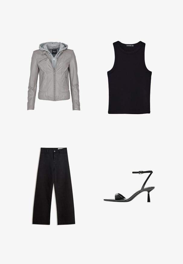 Harmaa nahkatakki, jossa on vetoketjullinen etuosa ja huppu. Siinä on pystysaumat, kaksi sivutaskua ja sileä, teksturoitu pinta.; Musta hihaton paita, joka on valmistettu puuvillasta, ja jossa on pyöreä kaula-aukko sekä leveät kainaloaukot. Silkkinen pinta ja ommellut reunat. Klassinen, minimalistinen muotoilu.; Mustat leveät farkut korkealla vyötäröllä, joissa on etu- ja takataskut, ommellut saumat ja nappisuljenta. Silkinoinen rakenne.; Bershka Korolliset sandaalit - black