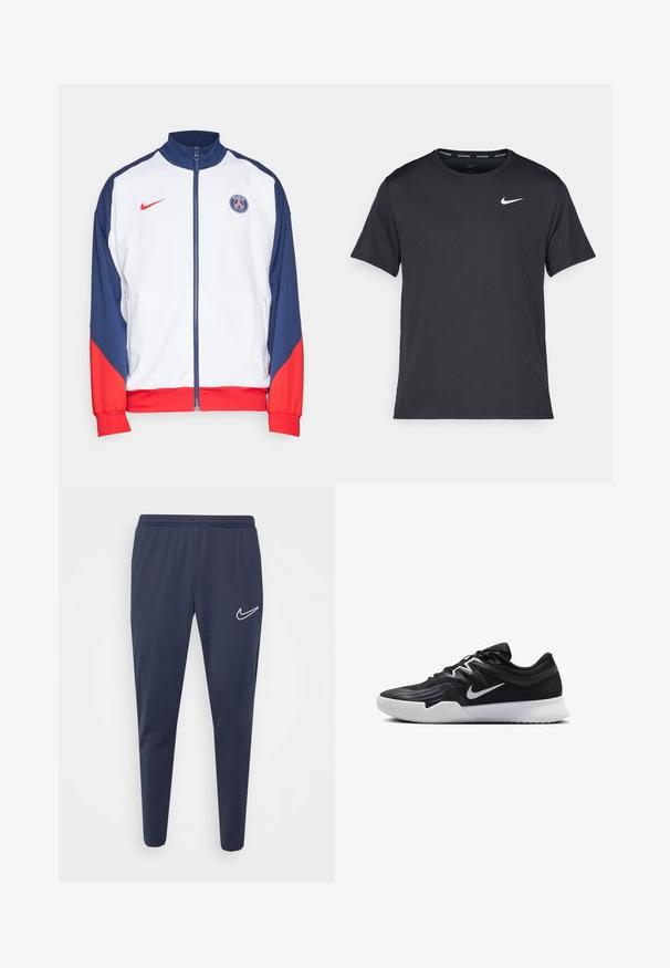 Chaqueta de entrenamiento Nike Paris Saint-Germain en blanco, azul marino y rojo. Presenta un alto cuello, cierre completo con cremallera, logo y puños elásticos.; Camiseta de running negra de Nike, hecha de material ligero y transpirable, con mangas cortas y un pequeño logo blanco en el pecho.; Pantalones deportivos de color navy con cinturilla elástica, piernas ajustadas, hechos de una tela suave, con un logo blanco de Nike en el lado izquierdo.; Zapatilla deportiva negra con parte superior texturizada, logo de Nike en blanco y suela de goma blanca. Tiene un diseño con cordones y una forma dinámica.