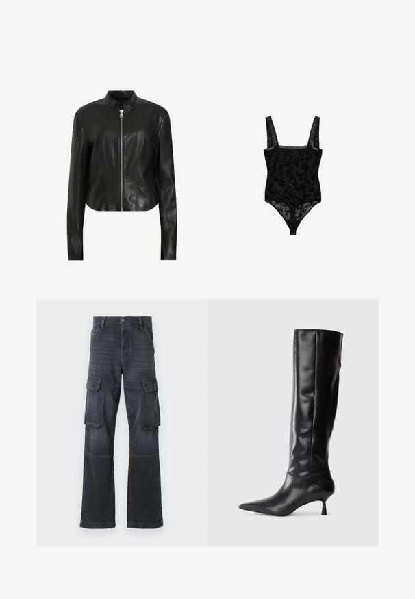 AllSaints SADLER - Leren jas - black; Zwarte bodysuit van kant met bloemenpatroon, brede bandjes met gestructureerde rand en drukknoopsluiting aan de onderkant. Doorschijnend materiaal met fijne details.; Donkergrijze cargo-broek van denim, met twee zijzakken en een wijd gesneden ontwerp. Gestikte details langs de naden en randen.; Zwarte leren kniehoge laars met een spitse neus en slanke gebogen hak. Gladde textuur, aansluitend ontwerp en geen zichtbare hardware of patronen.