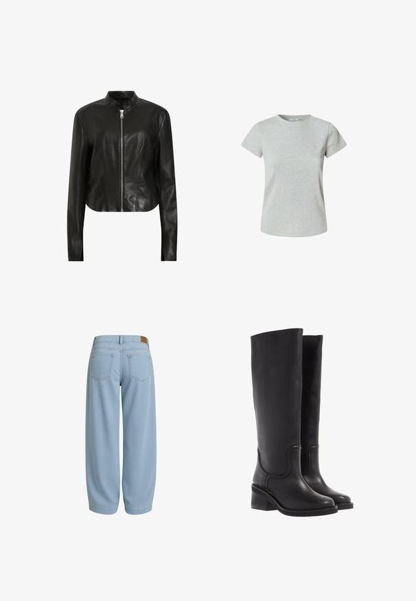AllSaints SADLER - Leren jas - black; Grijze katoenen t-shirt met korte mouwen en een ronde halslijn. Gladde textuur, klassieke pasvorm en geen zichtbare patronen of versieringen.; Lichtblauwe denim broeken met een relaxed fit, voorzien van twee achterzakken, een tailleband met een bruine leren label en toelopende enkels.; Zwarte leren kniehoge laarzen met een soepele textuur, ronde neus en een chunkyer heel. Heeft subtiele stiksels en een gestroomlijnd ontwerp.