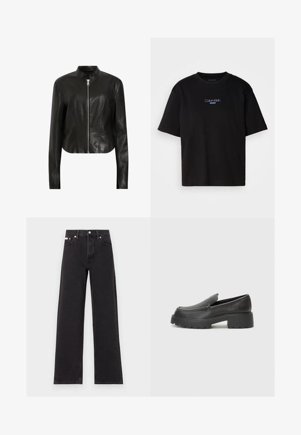 AllSaints SADLER - Jachetă piele - black; Tricou din bumbac negru cu guler rotund, mâneci scurte și logo-ul brodat în albastru "Calvin Klein JEANS" pe față.; Jeanși negri cu picioare largi, fabricați din denim, cu talie înaltă, stil cu cinci buzunare și închidere cu nasture metalic, cu cusături contrastante.; Mocasini din piele neagră, cu vârf rotunjit, talpă groasă texturată și detalii minimale de cusătură. Design elegant, fără șireturi sau accesorii vizibile.