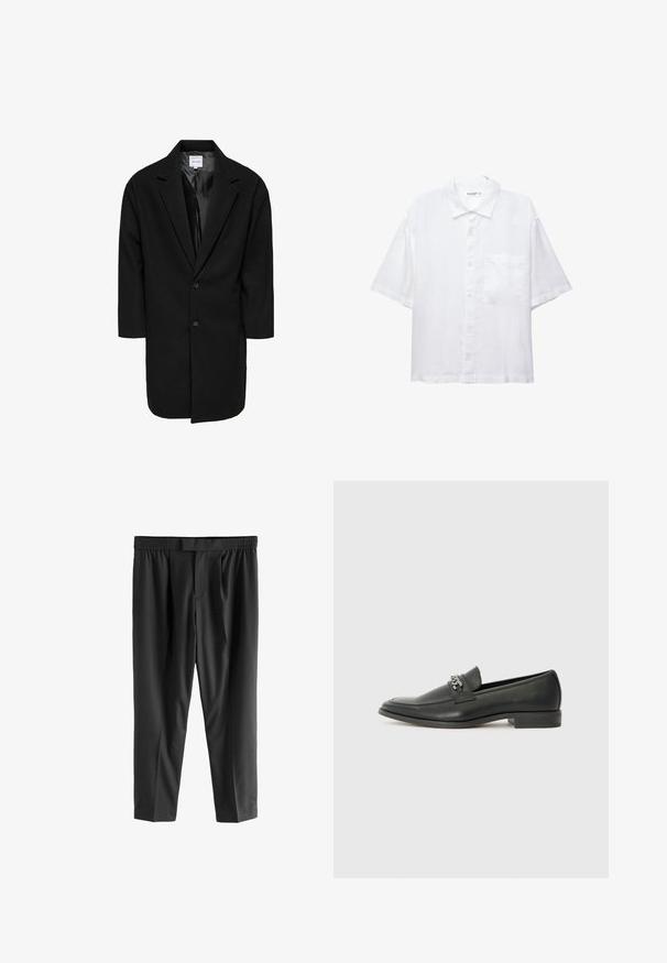 Cappotto nero oversize con revers a punta, due bottoni e maniche a tre quarti; realizzato in un tessuto testurizzato con una fodera interna liscia.; Camicia bianca a maniche corte con chiusura a bottoni, colletto e una singola tasca sul petto. Realizzata in tessuto leggero con una texture liscia.; Next REGULAR FIT -CHECK SMART - Chino - black; Mocassino in pelle nera con finitura liscia, caratterizzato da un design cucito e da un accento decorativo in catena metallica sul vamp. Tacco piatto.