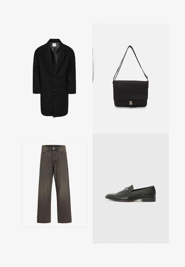 Black oversized coat with a notched lapel, two buttons, and three-quarter sleeves; made of textured fabric with a smooth interior lining.; Two black polo shirts, short-sleeved, cotton material, featuring a classic collar, two-button placket, and white striped accents inside the collar.; Wide-leg jeans in dark grey denim, featuring a high waist, classic five-pocket design, and contrasting stitching along the seams.; Black leather loafer with a smooth finish, featuring a stitched design and a decorative metal chain accent across the vamp. Flat heel.; Black messenger bag made of smooth material, featuring a fold-over flap, silver clasp hardware, and an adjustable shoulder strap.