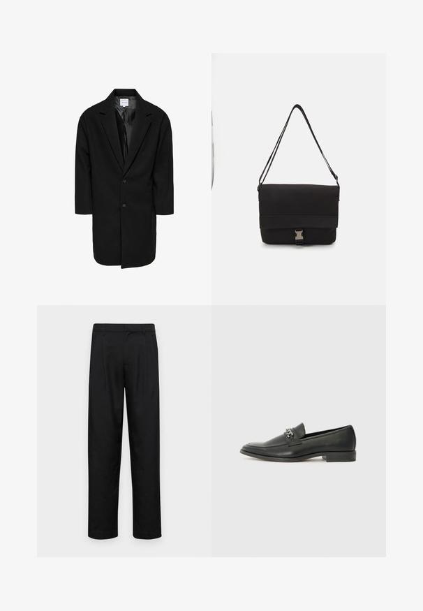 Manteau noir oversized avec un col à revers, deux boutons et des manches trois quarts ; fabriqué en tissu texturé avec une doublure intérieure lisse.; T-shirt noir à manches longues en coton, avec un col rond, une coupe ample et des poignets côtelés. Texture lisse sans motifs visibles.; Pantalons noirs en tissu lisse, avec une coupe droite, deux plis avant et une taille standard avec passants de ceinture.; Mocassin en cuir noir avec une finition lisse, présentant un design cousu et une accent décoratif en chaîne métallique sur le rand. Talon plat.; Sac messager noir en matériau lisse, avec un rabat repliable, des fermoirs en métal argenté et une bandoulière réglable.