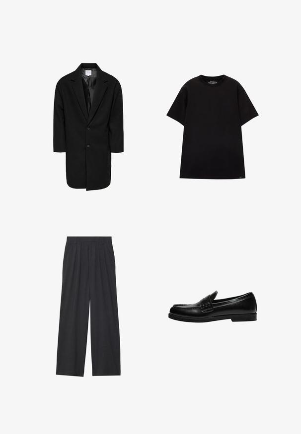 Cappotto nero oversize con revers a punta, due bottoni e maniche a tre quarti; realizzato in un tessuto testurizzato con una fodera interna liscia.; PULL&BEAR JOIN LIFE - T-shirt basic - black; Pantaloni a gamba larga realizzati in tessuto grigio scuro. Presentano pences in vita, un design sartoriale e una silhouette dritta.; Mocassino in pelle nera con finitura liscia, caratterizzato da un dettaglio di cucitura sulla tomaia e una suola in gomma nera solida e bassa.