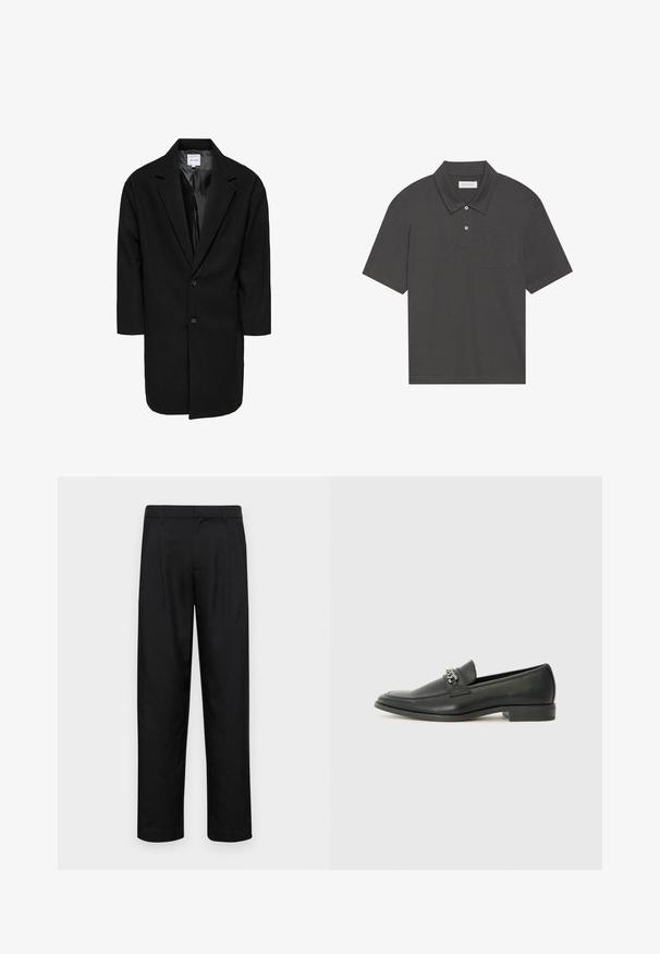 Cappotto nero oversize con revers a punta, due bottoni e maniche a tre quarti; realizzato in un tessuto testurizzato con una fodera interna liscia.; Polo grigio scuro con colletto tradizionale, patta con tre bottoni, maniche corte e taschino a sinistra sul petto. Tessuto morbido.; Pantaloni neri realizzati in tessuto liscio, caratterizzati da un taglio dritto, due pieghe frontali e una vita standard con passanti per la cintura.; Mocassino in pelle nera con finitura liscia, caratterizzato da un design cucito e da un accento decorativo in catena metallica sul vamp. Tacco piatto.