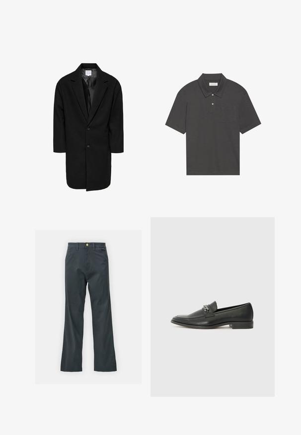 Must mustriga must coat, millel on lõigatud krae, kaks nuppu ja kolmveerand varrukad; valmistatud tekstuuriga kangast, millel on siledad voodrid.; Tumehall polo särk traditsioonilise kraega, kolme nööbiga kinnitus, lühikesed varrukad ja vasakul rinnal tasku. Sile kangastekstuuri.; Mustad püksid sirge säärega, valmistatud puuvillasegistuse kangast. Omavad metallist nööbiga sulgemist ja küljetaskuid. Ilma nähtavate mustriteta.; Must haveate nahkking punased, millel on sile viimistlus, tikitud muster ja dekoratiivne metallkett vampi üle. Tasane konts.