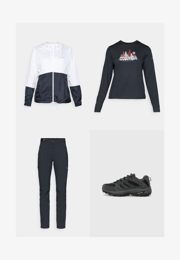 Leichte, kapuzenjacke in Weiß und Marineblau mit Reißverschluss vorne, Zugkordel am Saum und elastischen Bündchen; glatte, glänzende Stofftextur.; Dunkelgraues Langarmshirt mit einem Grafikdesign von roten Bäumen und Bergen; das "COLUMBIA"-Logo in fett weißer Schrift. Weicher Stoff, klassischer Rundhalsausschnitt.; Herren Outdoor-Hosen, dunkelgrau, aus flexiblem Material, mit einem Gürtel, Reißverschlusstaschen und verstärkten Nähten.; Columbia REDMOND - Hikingschuh - black/citron haze